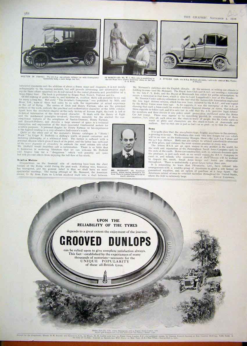 Original Old Antique Print 1910 Advert Dunlop Grooved Tyres Moissant Bedford Car