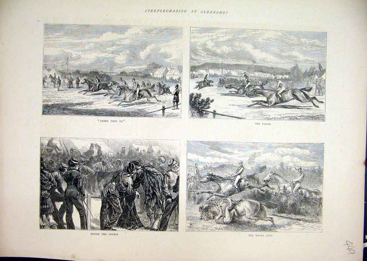 Original Old Antique Print 1871 Steeplechasing Aldershot Water Jump Finish Horse