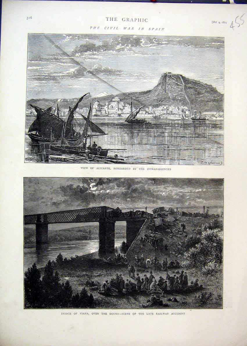 Original Old Antique Print 1873 Civil War Spain Alicante Bombarded Bridge Viana