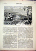 Original Old Antique Print 1870 Peabody Train Railway Man Flag Country Scene
