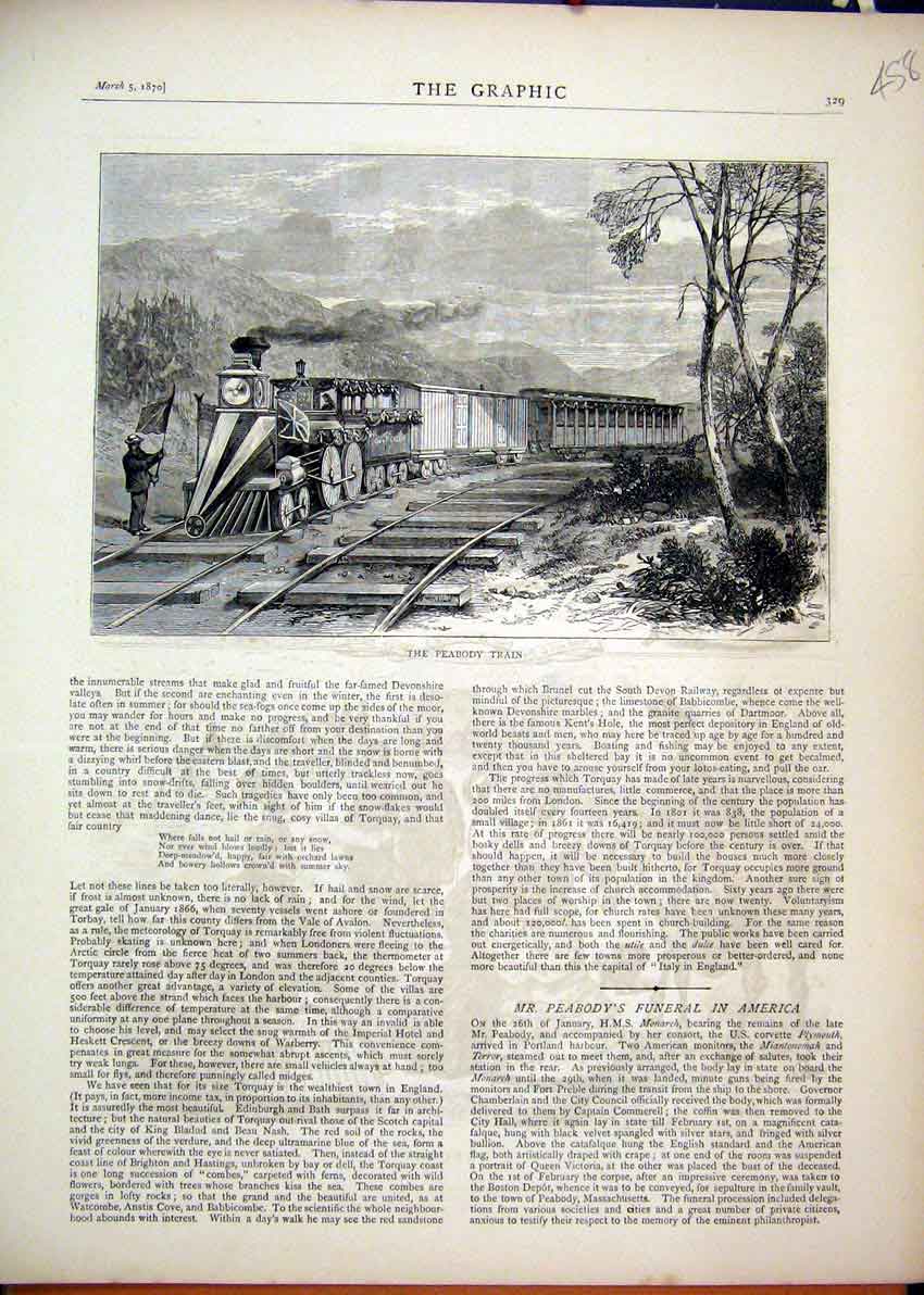 Original Old Antique Print 1870 Peabody Train Railway Man Flag Country Scene