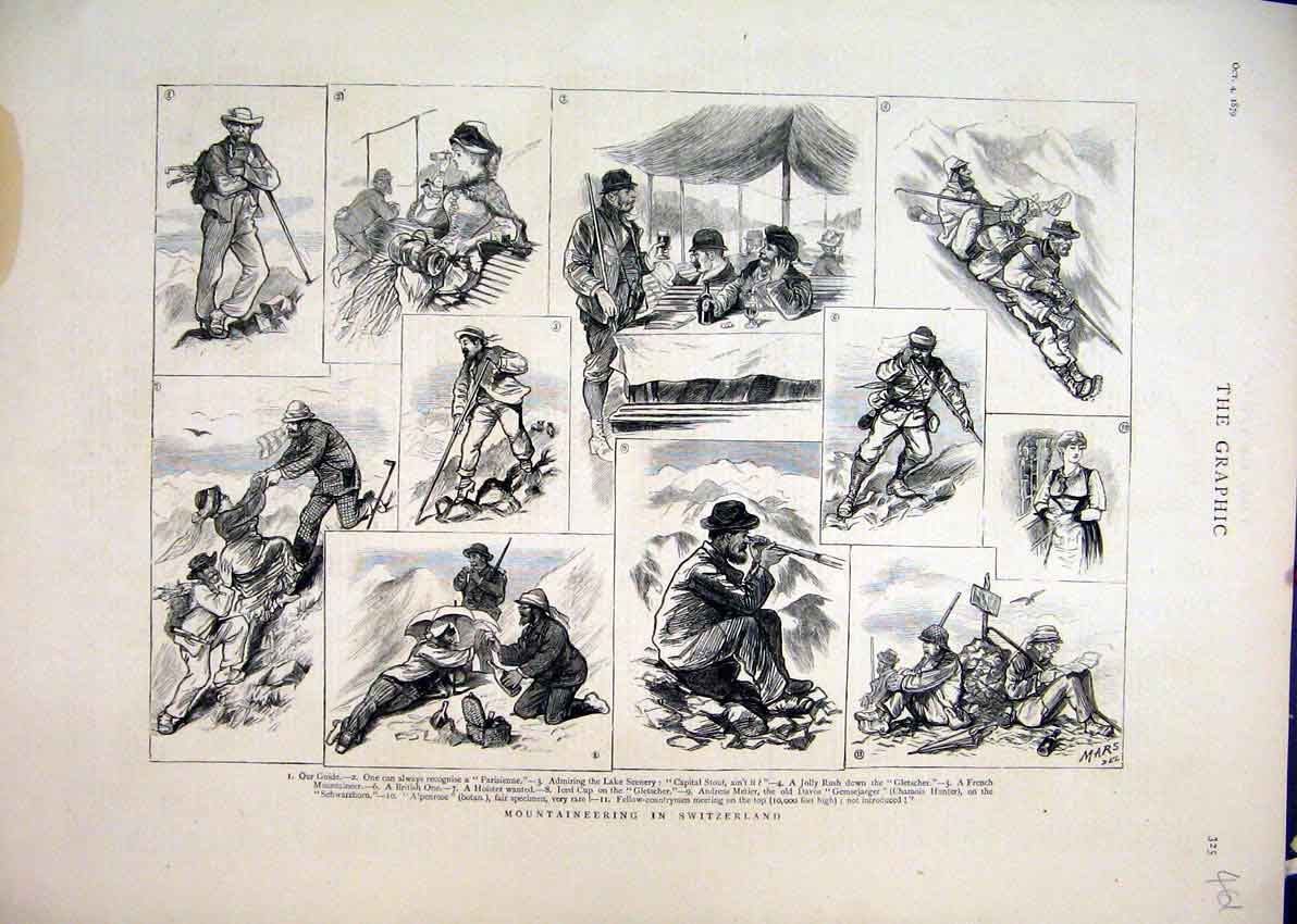 Original Old Antique Print 1879 Mountaineering Switzerland Guide Andreas Metier