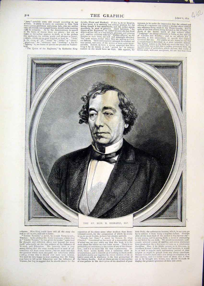 Original Old Antique Print Portrait Honourable Disraeli 1872 Member Parliament
