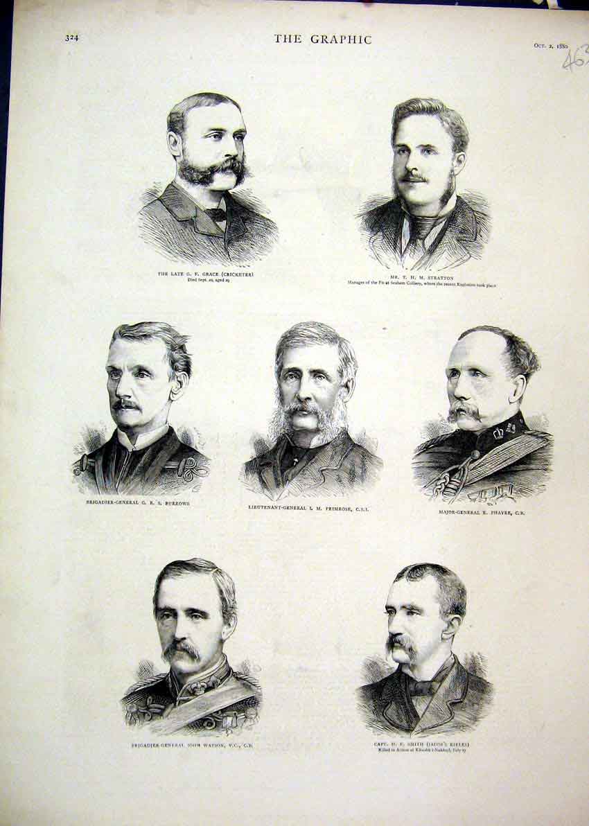 Original Old Antique Print 1880 Portrait Grace Stratton Burrows Primrose General
