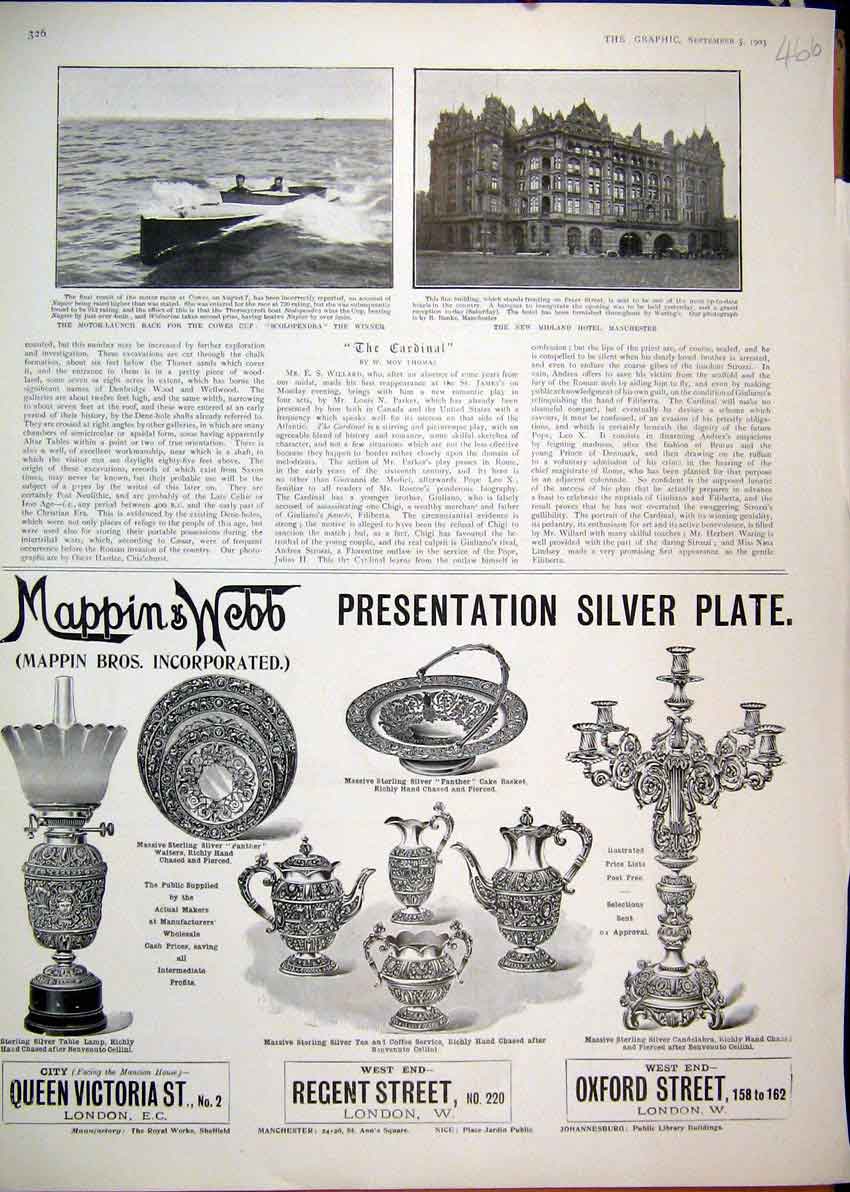 Old Antique Print 1903 Advert Mappin Web Silver Plate Midland Hotel Cowes 20th