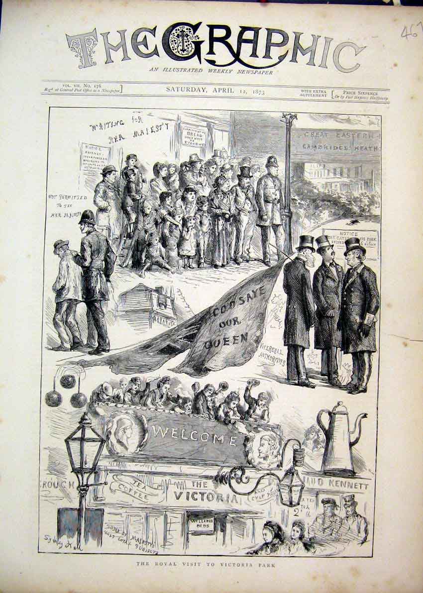 Old Antique Print Royal Visit Victoria Park 1873 Policeman Welcome Sketch 19th