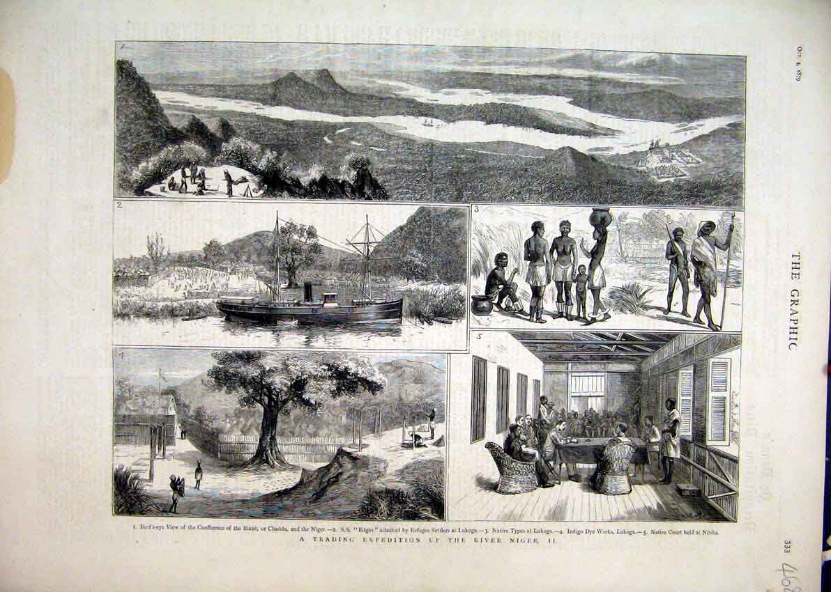 Old Antique Print 1879 Trading Expedition River Niger Lukoga Biune Chadda 19th
