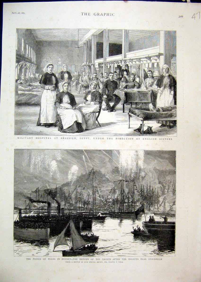 Old Antique Print 1885 Prince Wales Yacht Sweden Military Hospital Egypt 19th