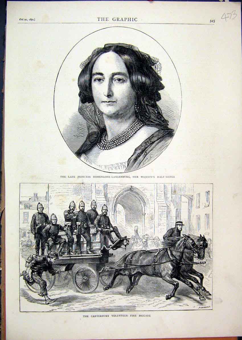 Original Old Antique Print 1872 Portrait Princess Langenburg Fire Brigade Horses