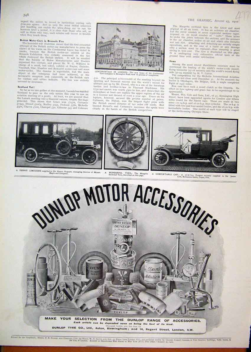 Original Old Antique Print Advert Dunlop Motor Accessories 1910 Limousine Car