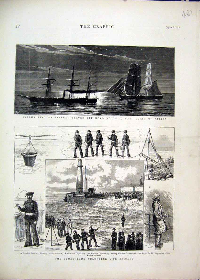 Original Old Antique Print 1878 Sunderland Life Brigade Slaver Ship Novo Redondo
