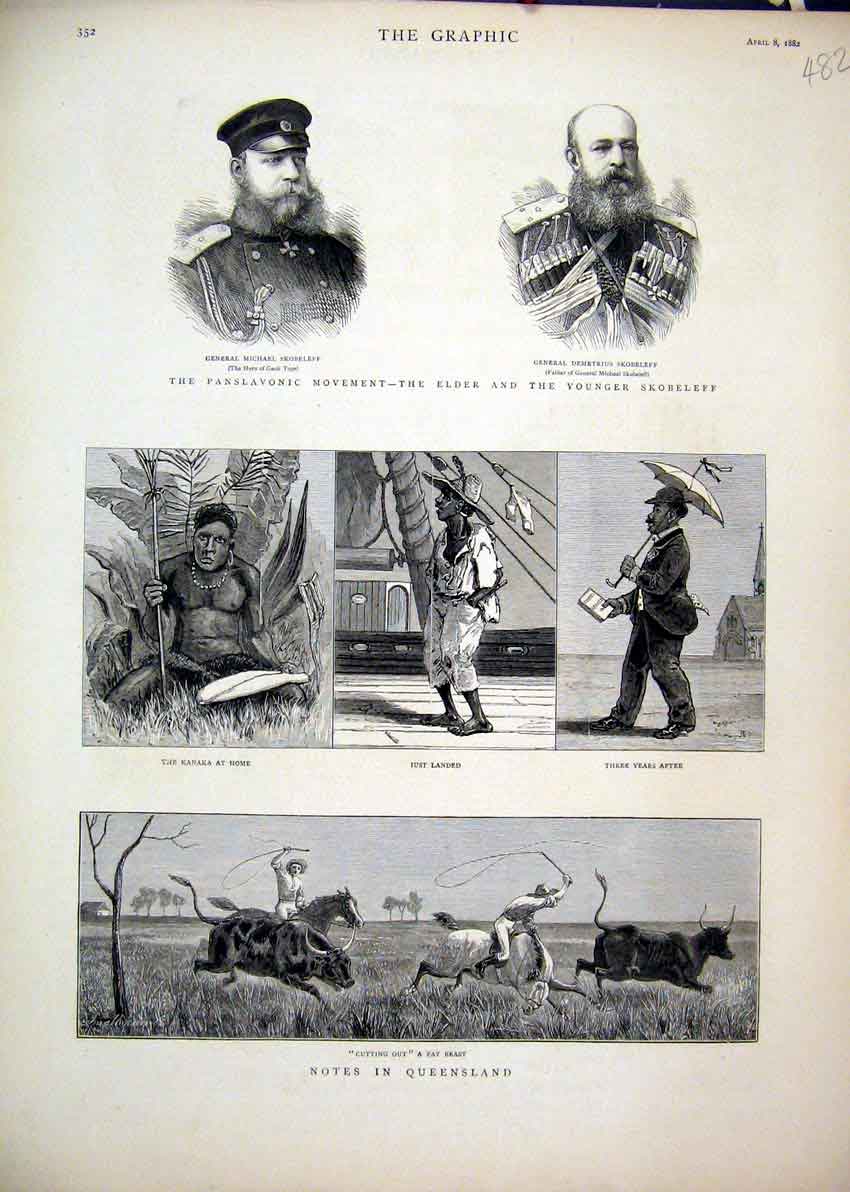 Old Antique Print 1882 Panslavonic Skobeleff Australia Cattle Horse Whip 19th
