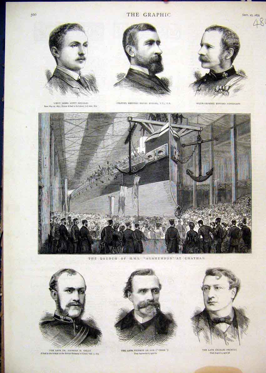 Original Old Antique Print 1879 Ship Launch Agamemnon Chatham Douglas Buller