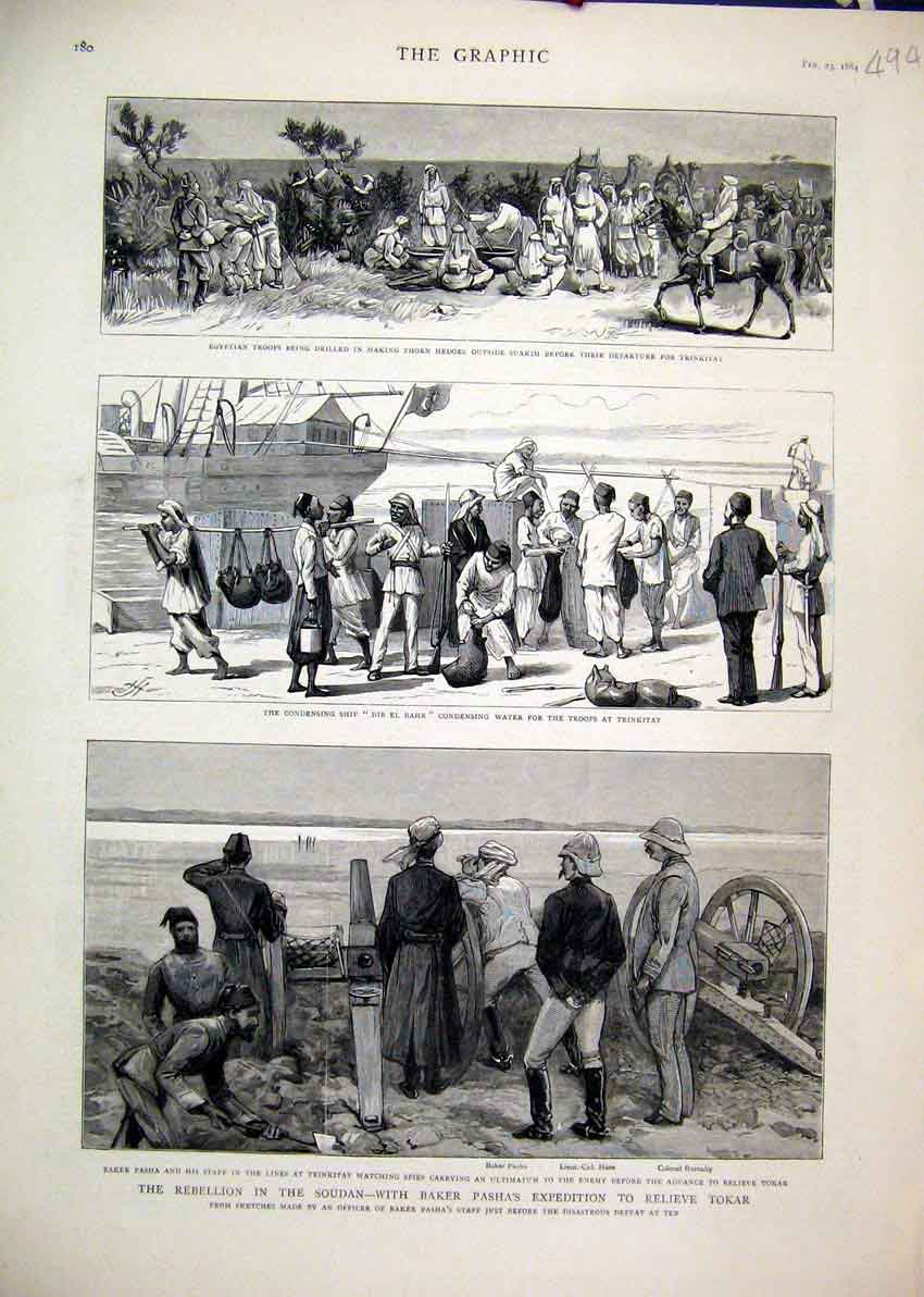 Old Antique Print 1884 Rebellion Soudan Baker Pasha Tokar Egyptian Troops 19th