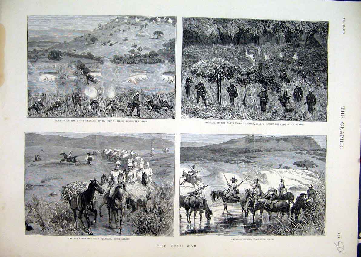 Old Antique Print 1879 Zulu War Umvolosi River Hors Spruit Lancers Kopje 19th