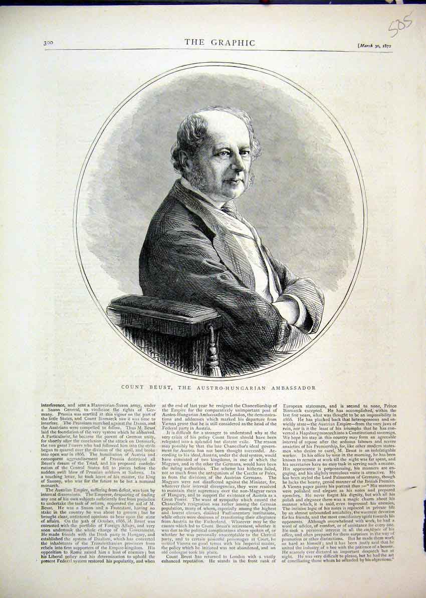 Original Old Antique Print Portrait Count Beust Austro-Hungarian Ambassador 1872
