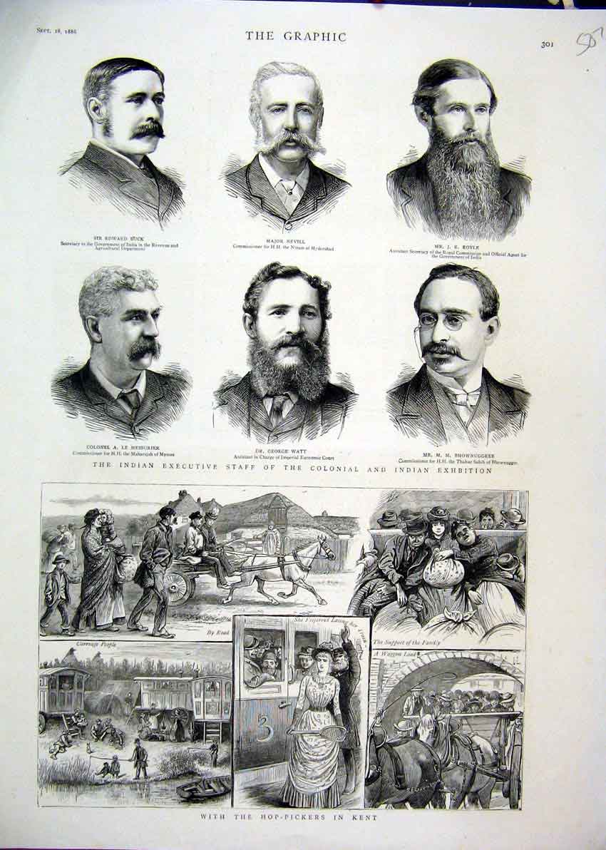 Original Old Antique Print Hop-Pickers Kent 1886 Indian Executive Staff Indian