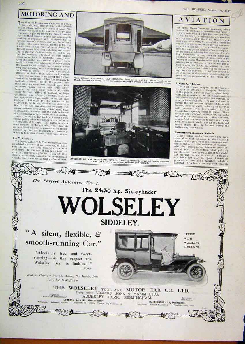 Original Old Antique Print 1910 Advert Wolseley Motor Car Siddeley Field Kitchen
