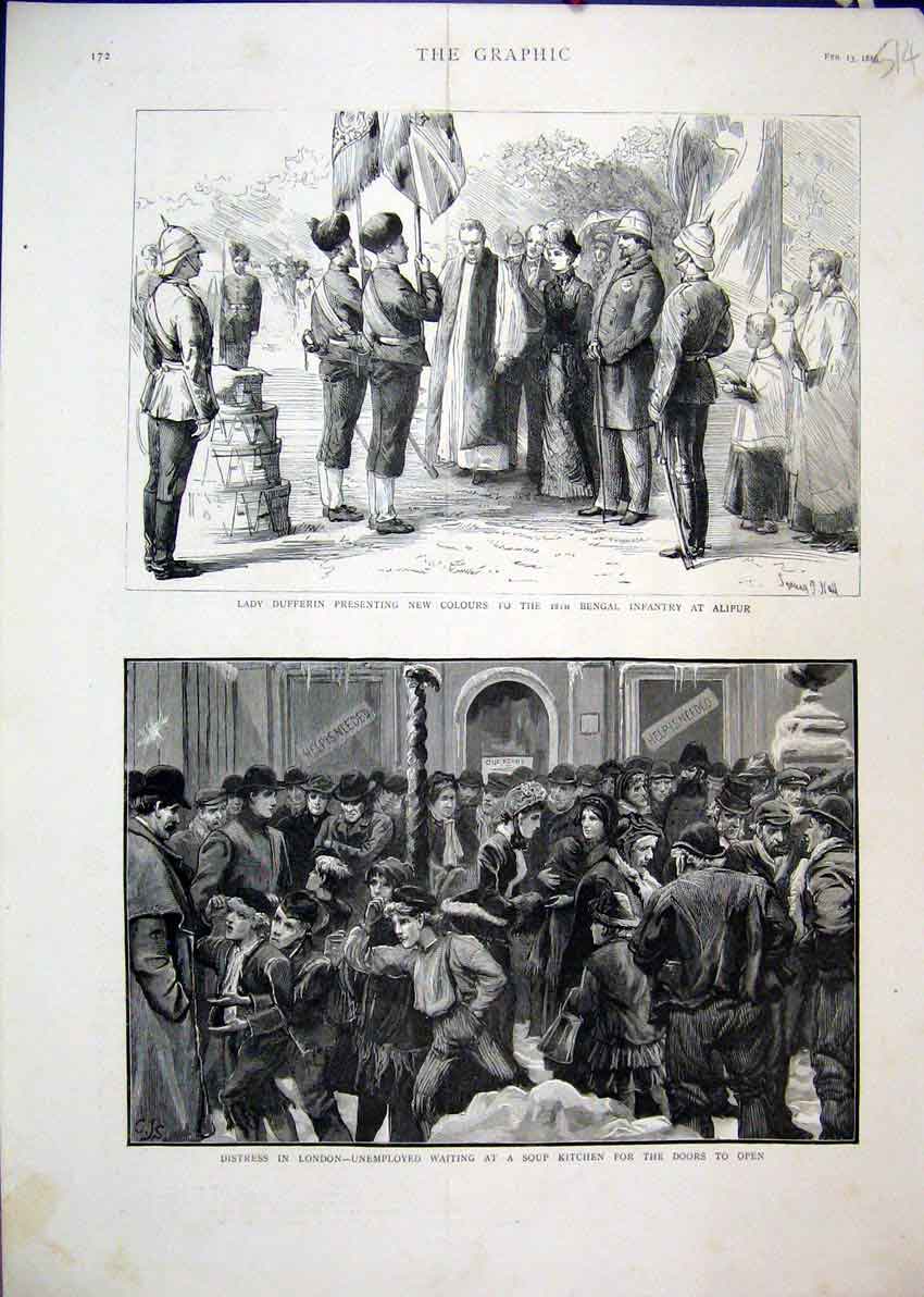 Old Antique Print 1886 Lady Dufferin Bengal Infantry Soup Kitchen London 19th