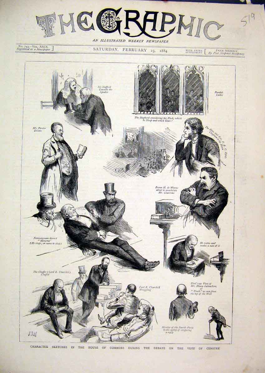 Old Antique Print Sketches House Commons Debate Vote Censure Purdah 1884 19th