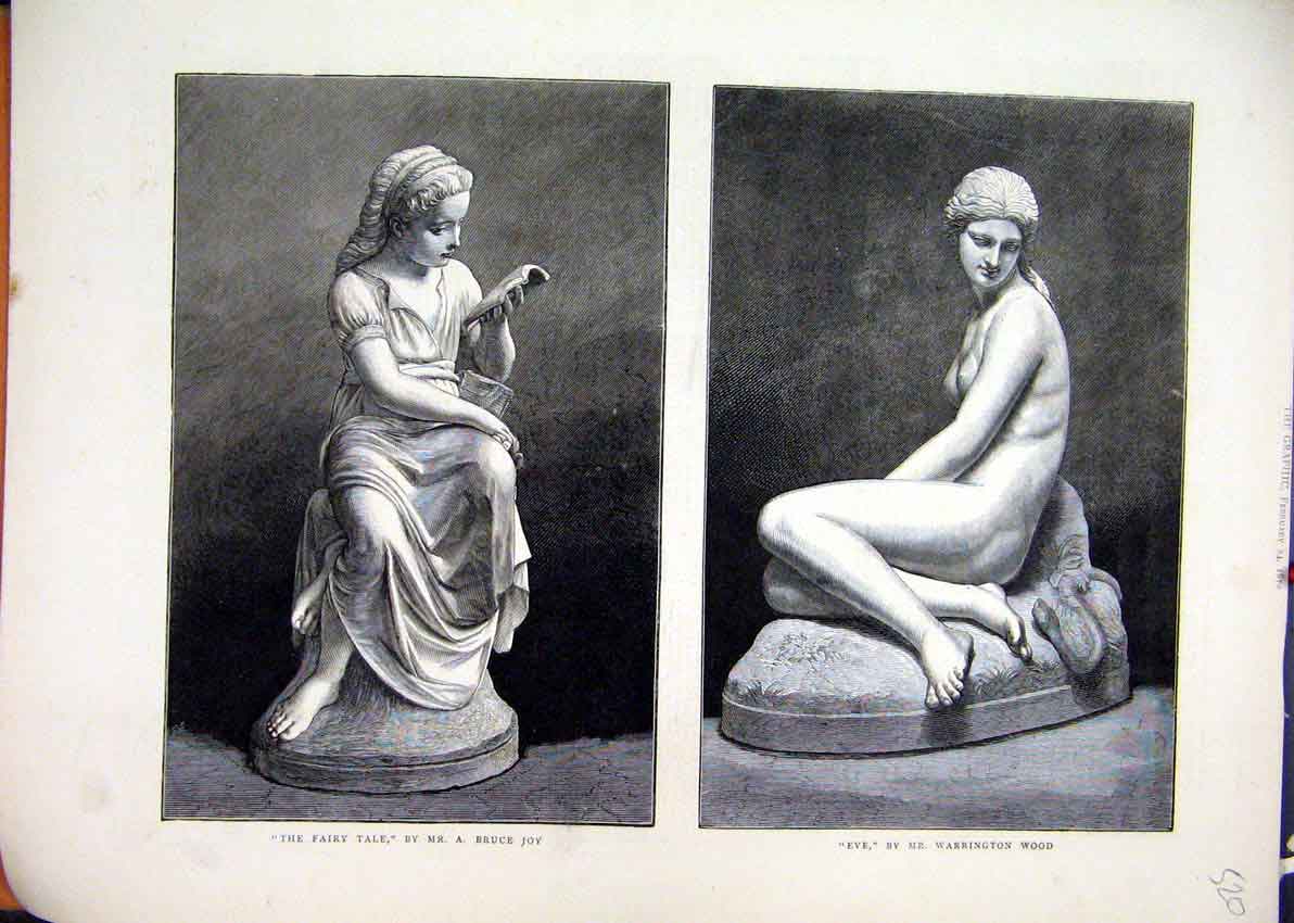 Original Old Antique Print 1872 Statue Fairy Tale Bruce Joy Eve Warrington Wood