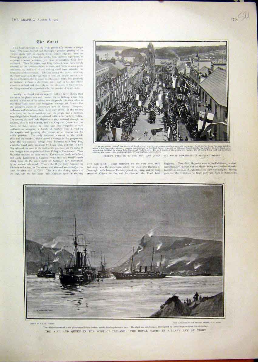 Original Old Antique Print 1903 King Queen Ireland Royal Yacht Killary Bay Derry