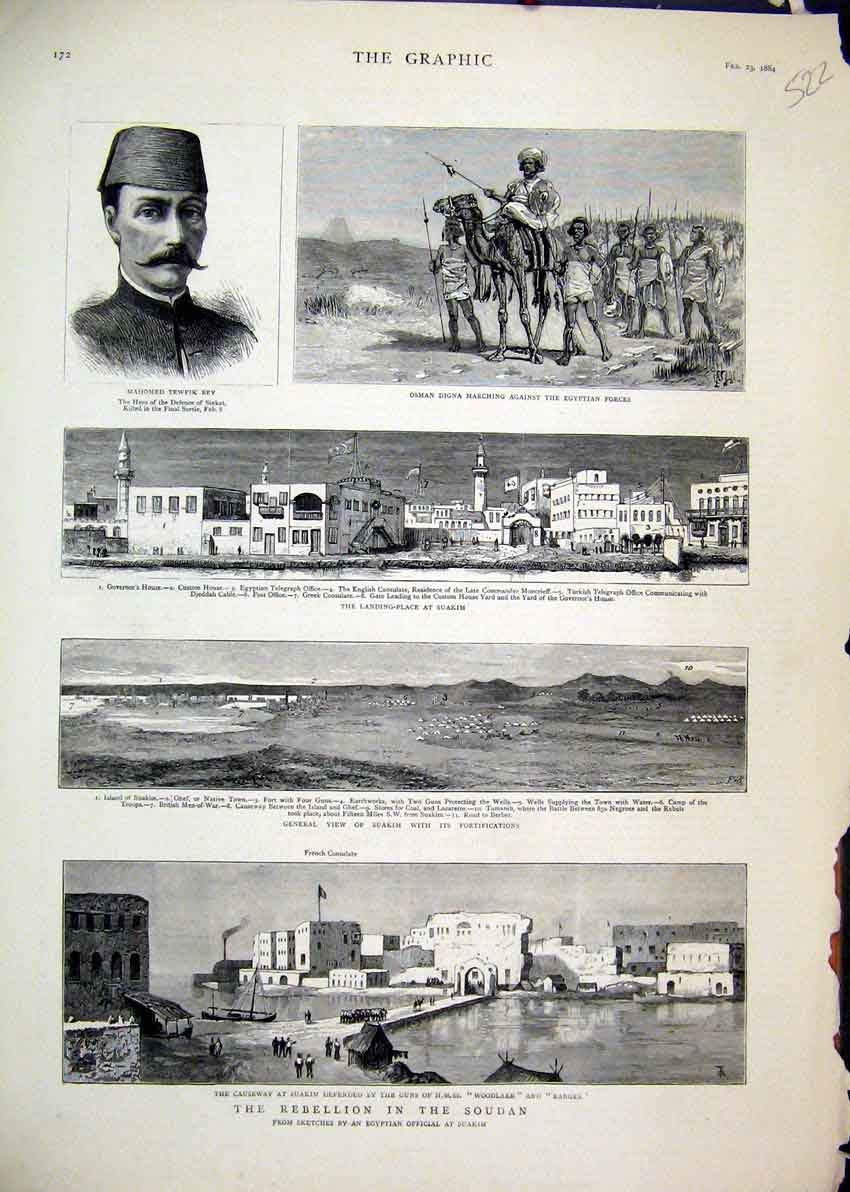Original Old Antique Print 1884 Rebellion Soudan Osman Digna Causeway Suakim Bey