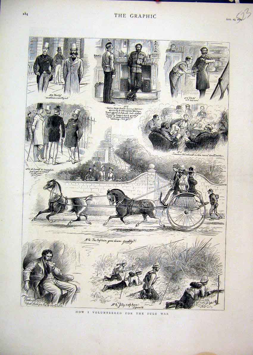 Original Old Antique Print 1879 Zulu War Horse Carriage Shooting Smoking Comedy