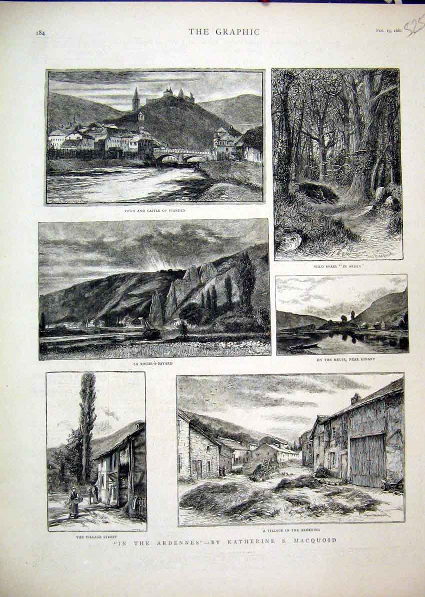 Original Old Antique Print Ardennes 1881 Village Castle Vianden Wild Boars Meuse