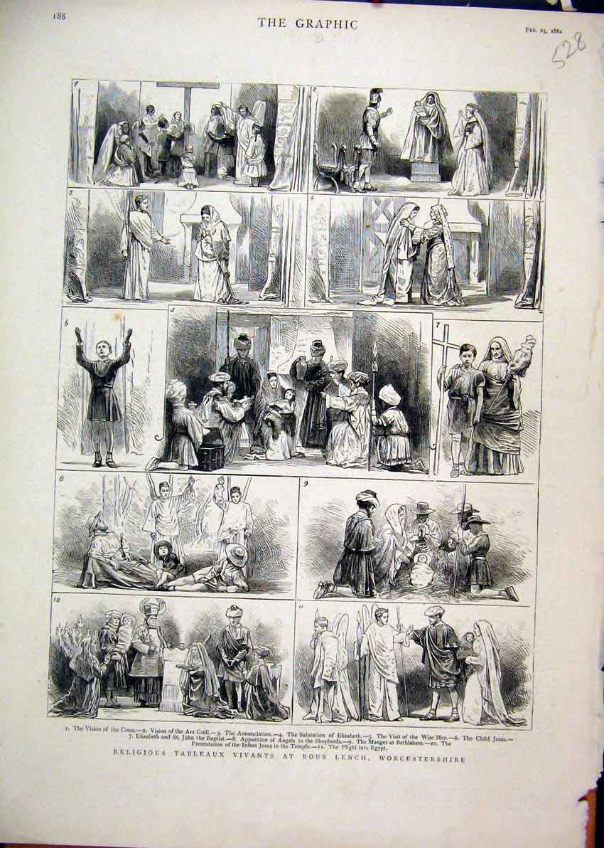 Original Old Antique Print 1882 Religious Tableaux Vivants Rous Lench Wise Men