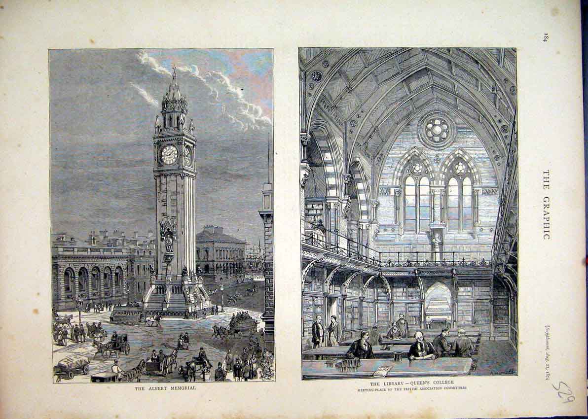 Original Old Antique Print 1874 Albert Memorial Street Library Queens College