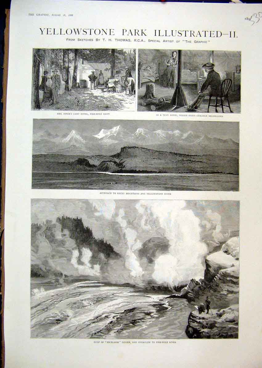 Original Old Antique Print 1888 Gulf Excelsior Geyser Rocky Mountains Tent Hotel
