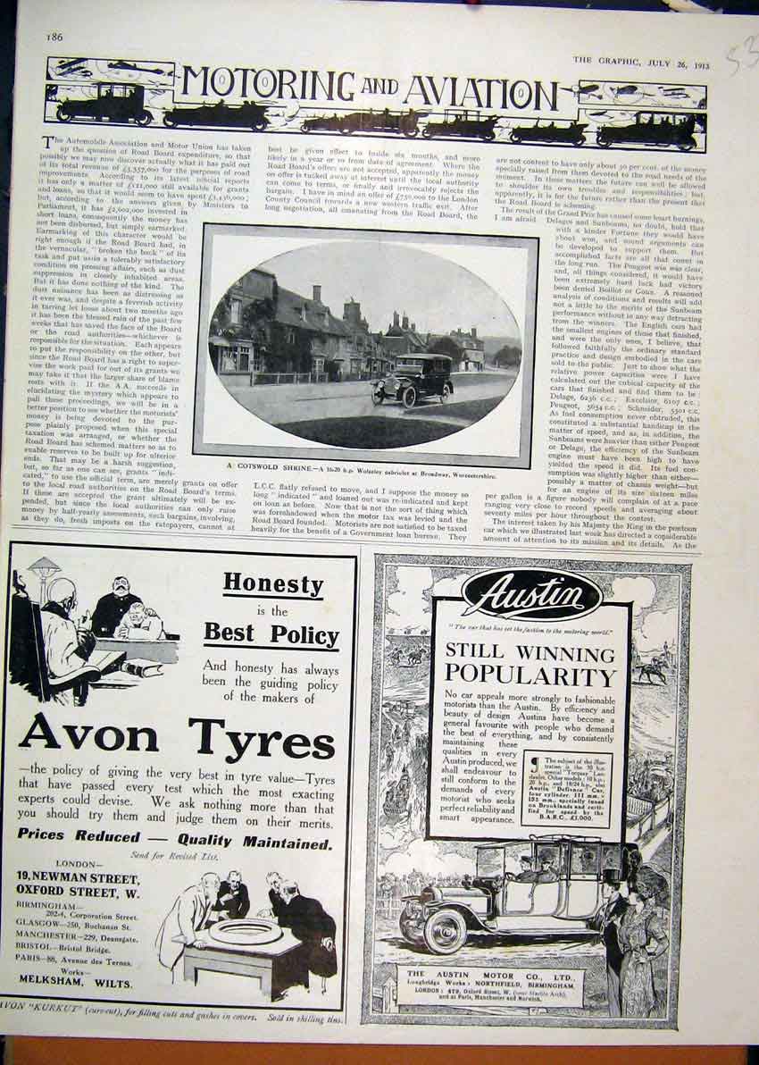 Original Old Antique Print Advert Motoring Aviation 1913 Avon Tyres Austin Car