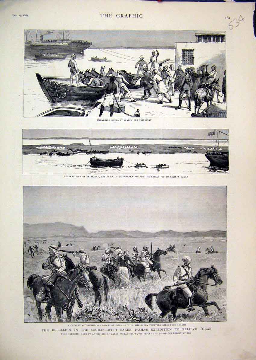 Original Old Antique Print 1884 Rebellion Soudan Mules Suakim Cavalry Trinkitat