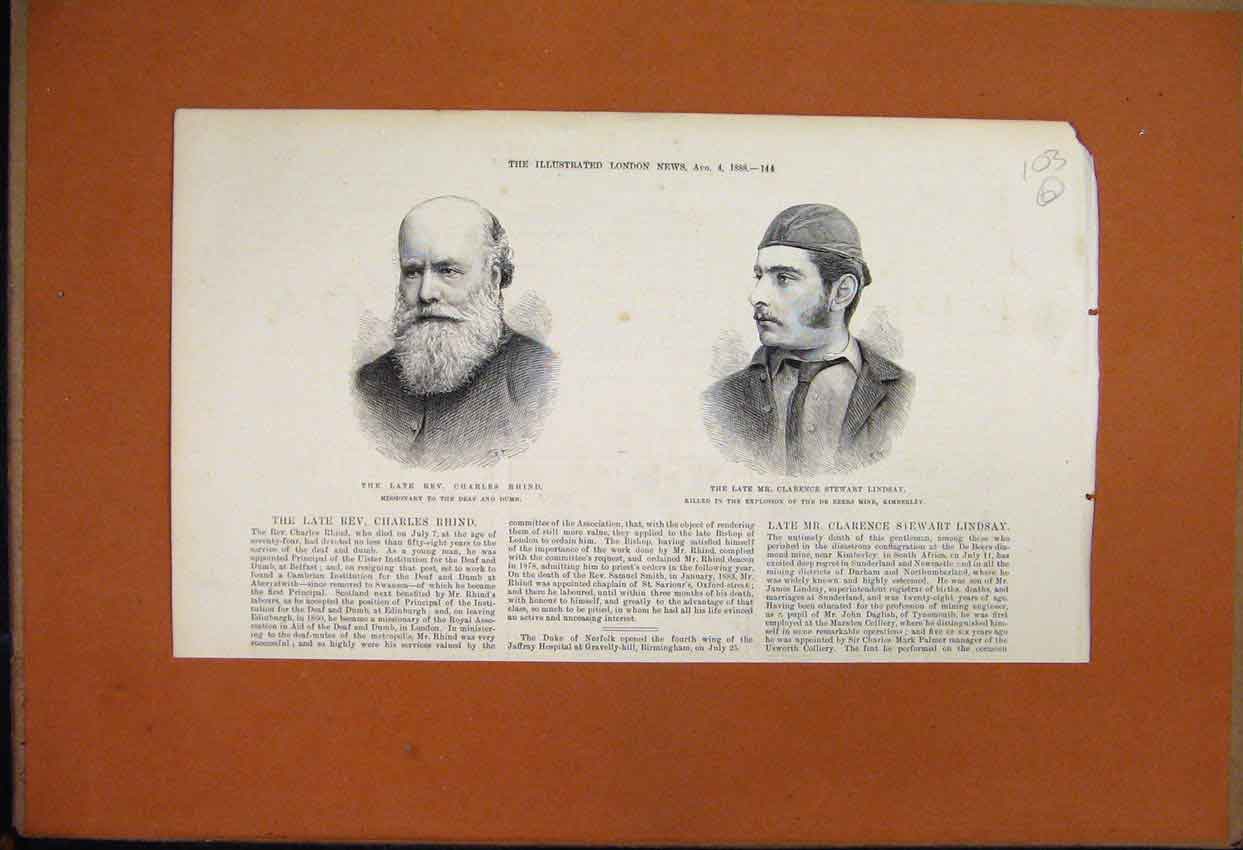 Original Old Antique Print 1888 Rev Charles Rhind Clarence Lindsay Portraits