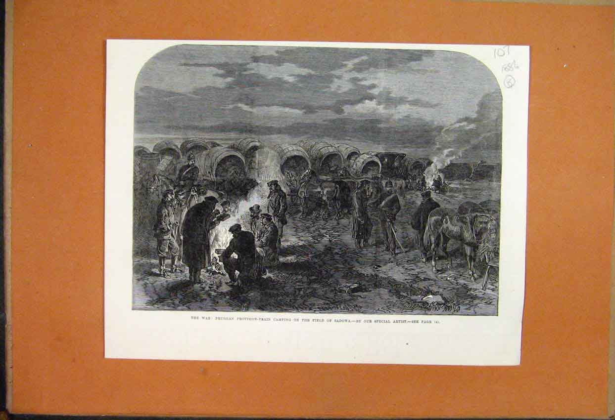 Original Old Antique Print 1886 Prussian Provision Train Field Camp Sadowa 19th
