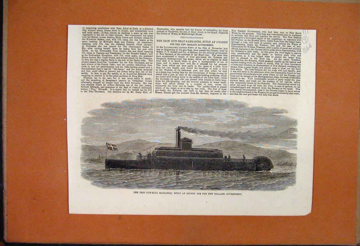 Original Old Antique Print 1864 Iron Gun Boat Rangariri Sydney New Zealand 19th