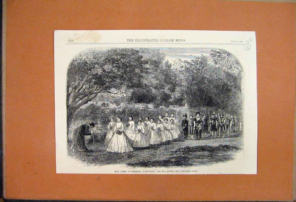 Original Old Antique Print 1865 May Day Games Wymering Hampshire Queen Flower