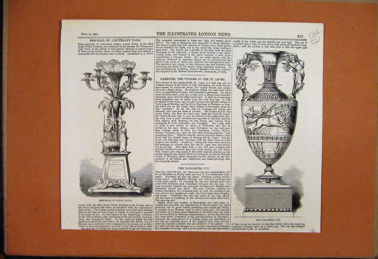 Original Old Antique Print 1859 Memorial Lieutenant Tobin Doncaster Cup Welsh
