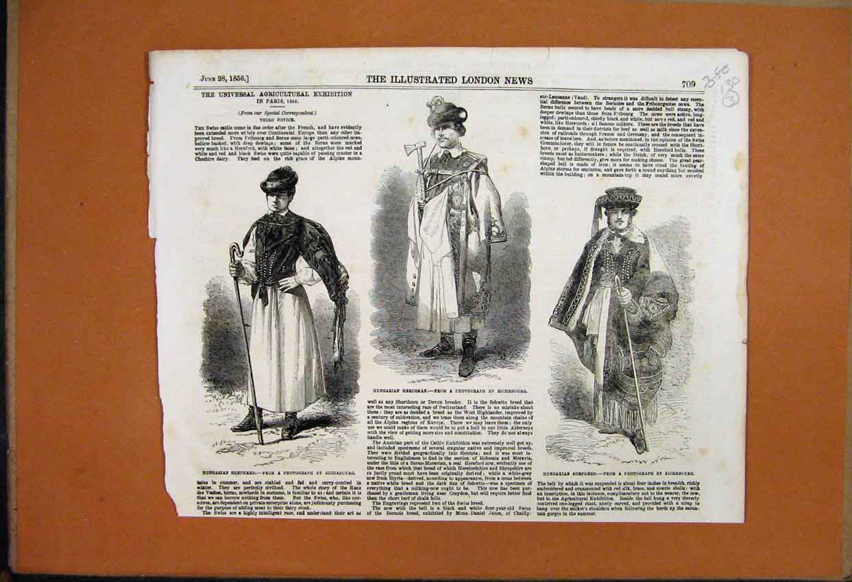 Original Old Antique Print 1856 Hungarian Herdsman Shepherds Crook Cloaks 19th