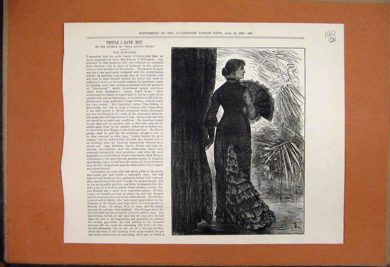 Original Old Antique Print 1882 Beautiful Lady With Fan Fantail Dress Victorian