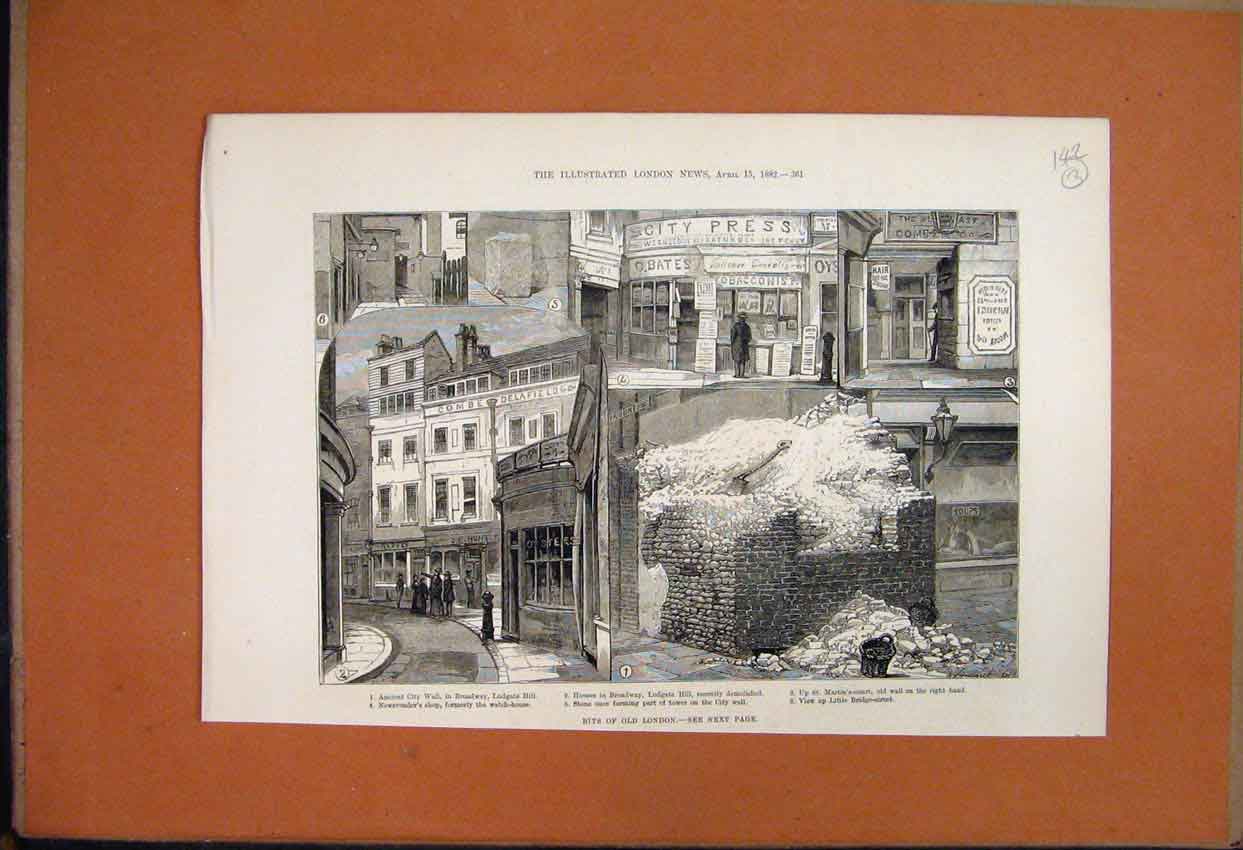 Original Old Antique Print 1882 London Ludgate Hill Watch House St Martins 19th
