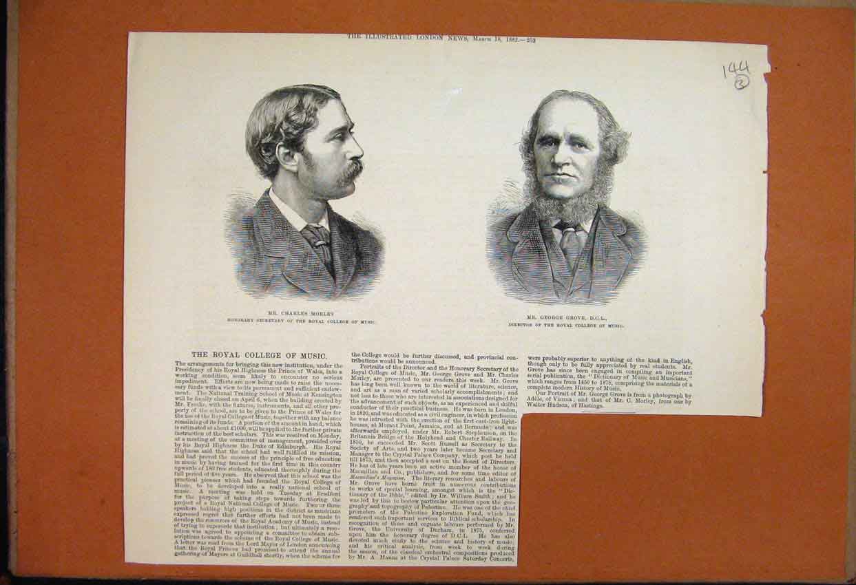 Original Old Antique Print 1882 Royal College Music Morley Grove Portrait Text