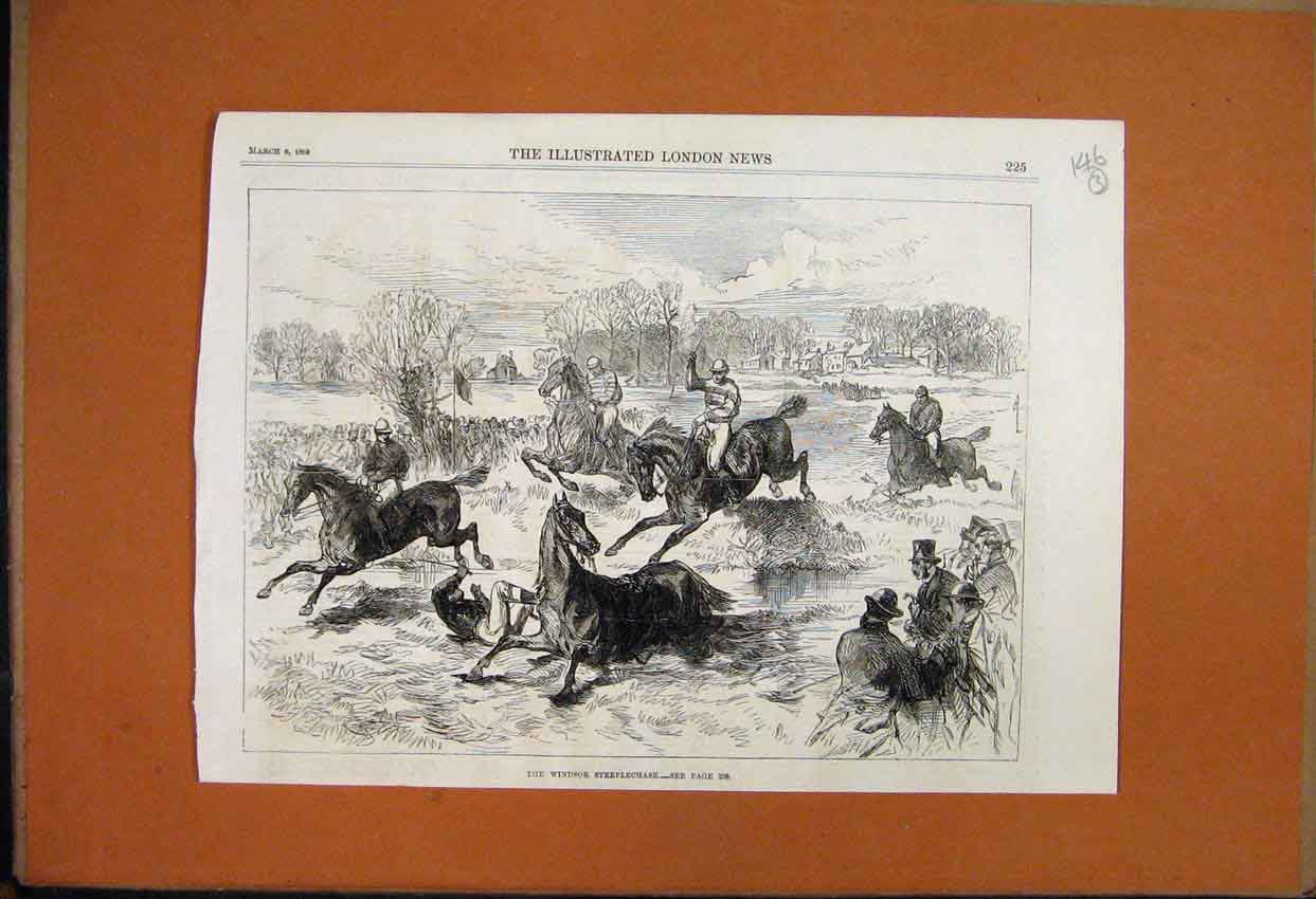 Original Old Antique Print 1869 Windsor Steeplechase Horses Jockeys Down 19th