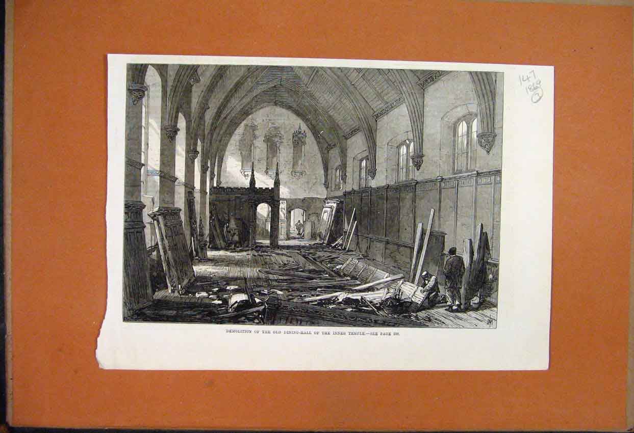 Original Old Antique Print 1869 Demolition Dining Hall Inner Temple Victorian