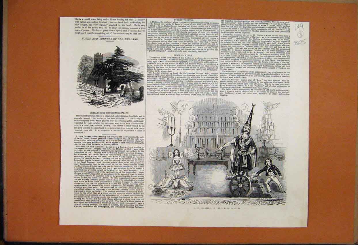 Original Old Antique Print 1845 Charlecombe Church Mons Philippe Strand Theatre