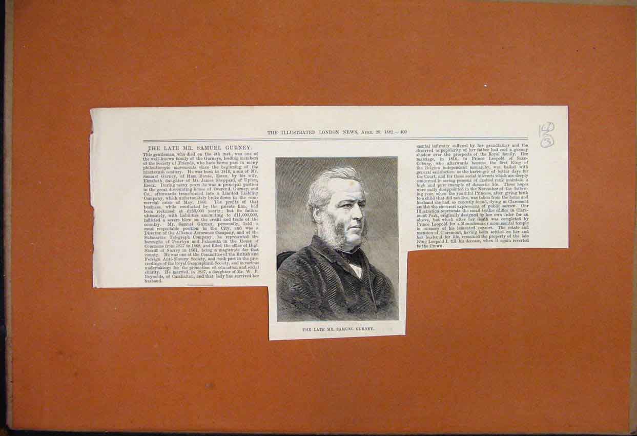 Original Old Antique Print 1882 Late Samuel Gurney Society Friends Portrait Text