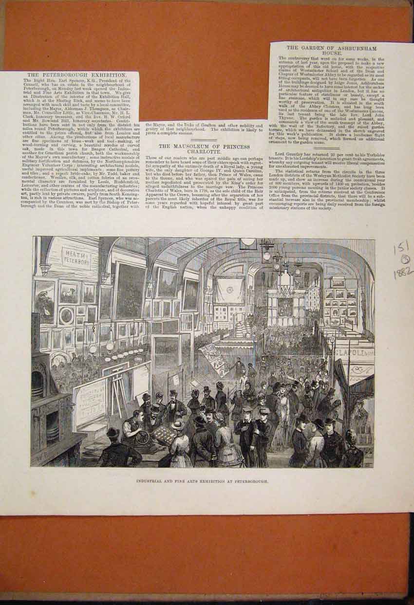 Original Old Antique Print 1882 Industrial Fine Arts Exhibition Peterborough