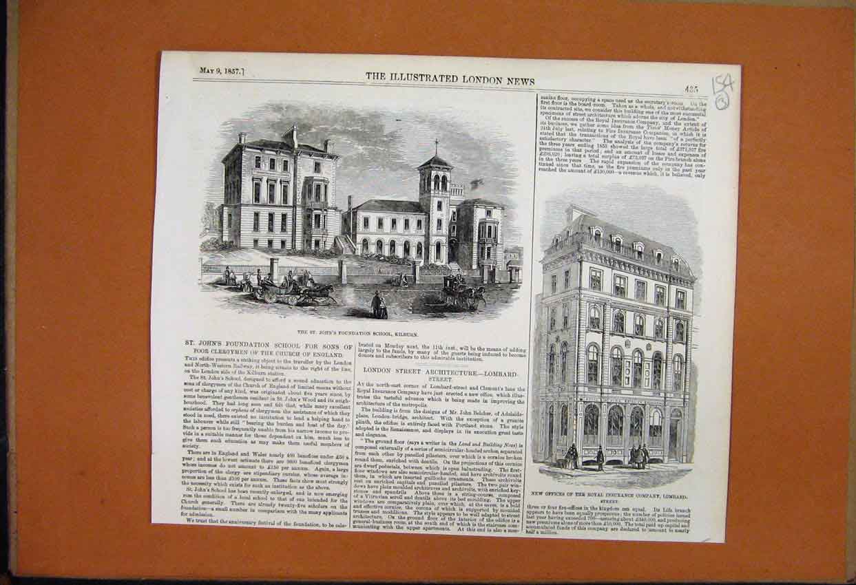 Old Antique Print 1857 St Johns Kilburn Royal Insurance Co Lombard Street 19th