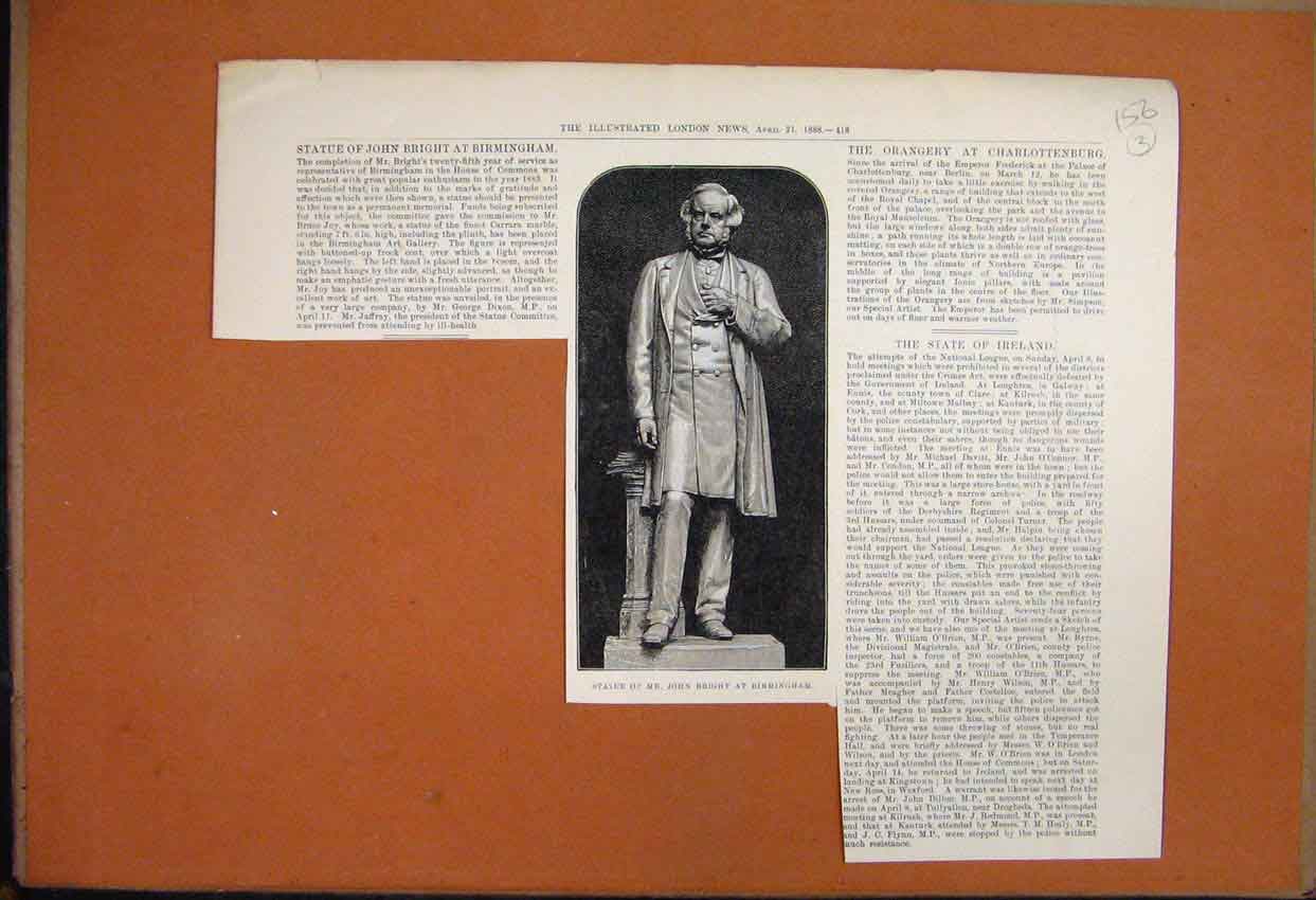 Original Old Antique Print 1888 Statue John Bright Birmingham Art Gallery 19th